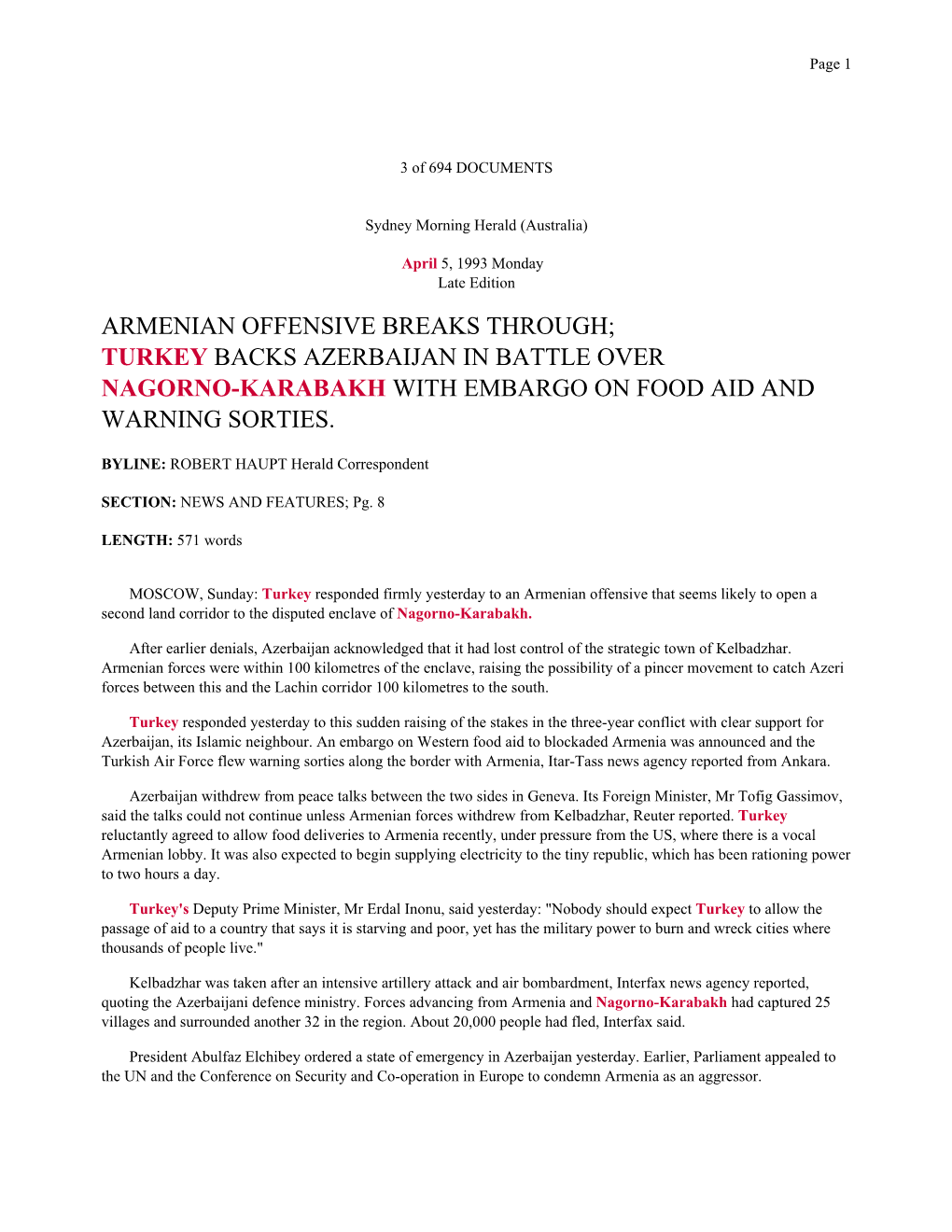 Armenian Offensive Breaks Through; Turkey Backs Azerbaijan in Battle Over Nagorno-Karabakh with Embargo on Food Aid and Warning Sorties