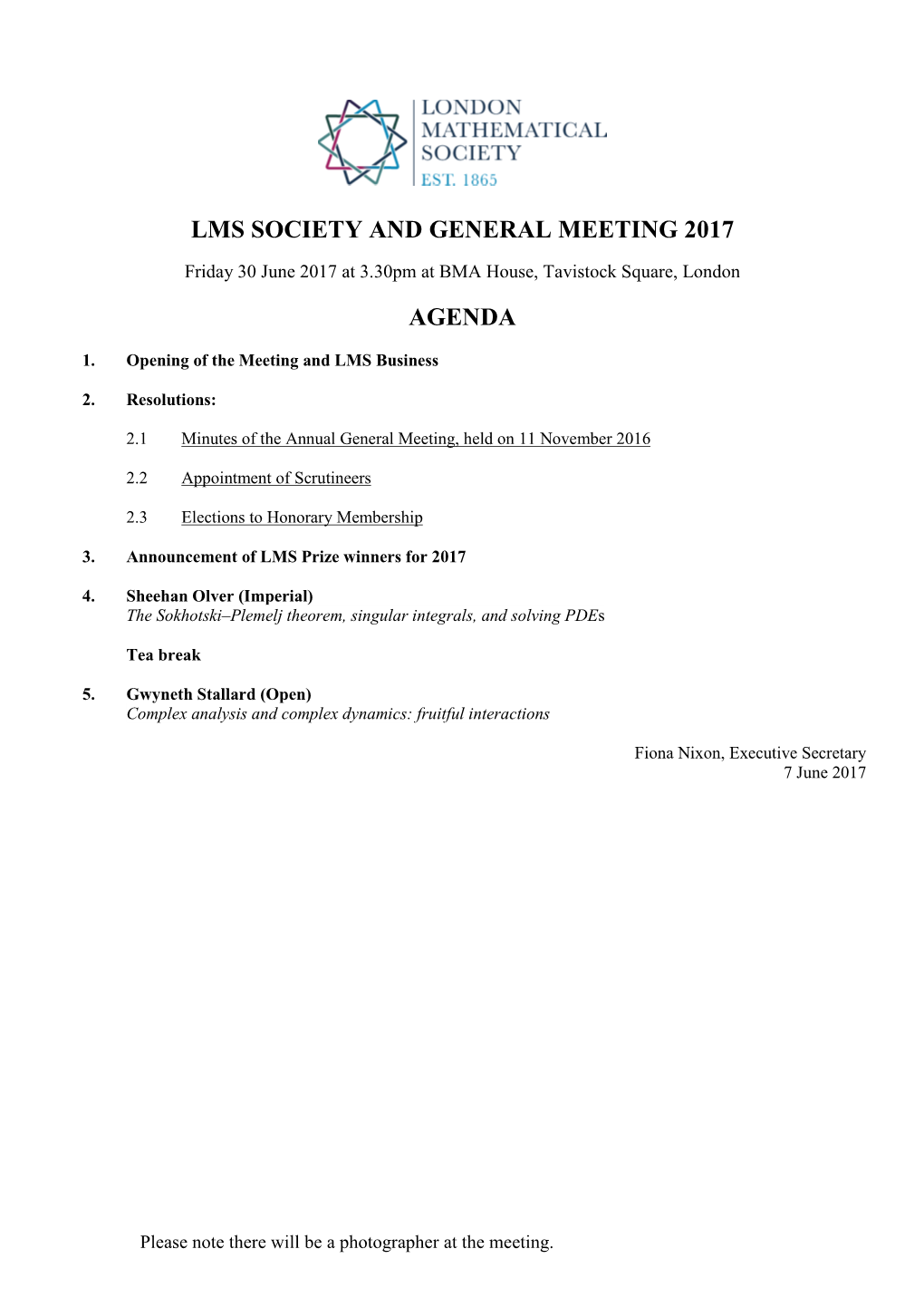 Lms Society and General Meeting 2017 Agenda