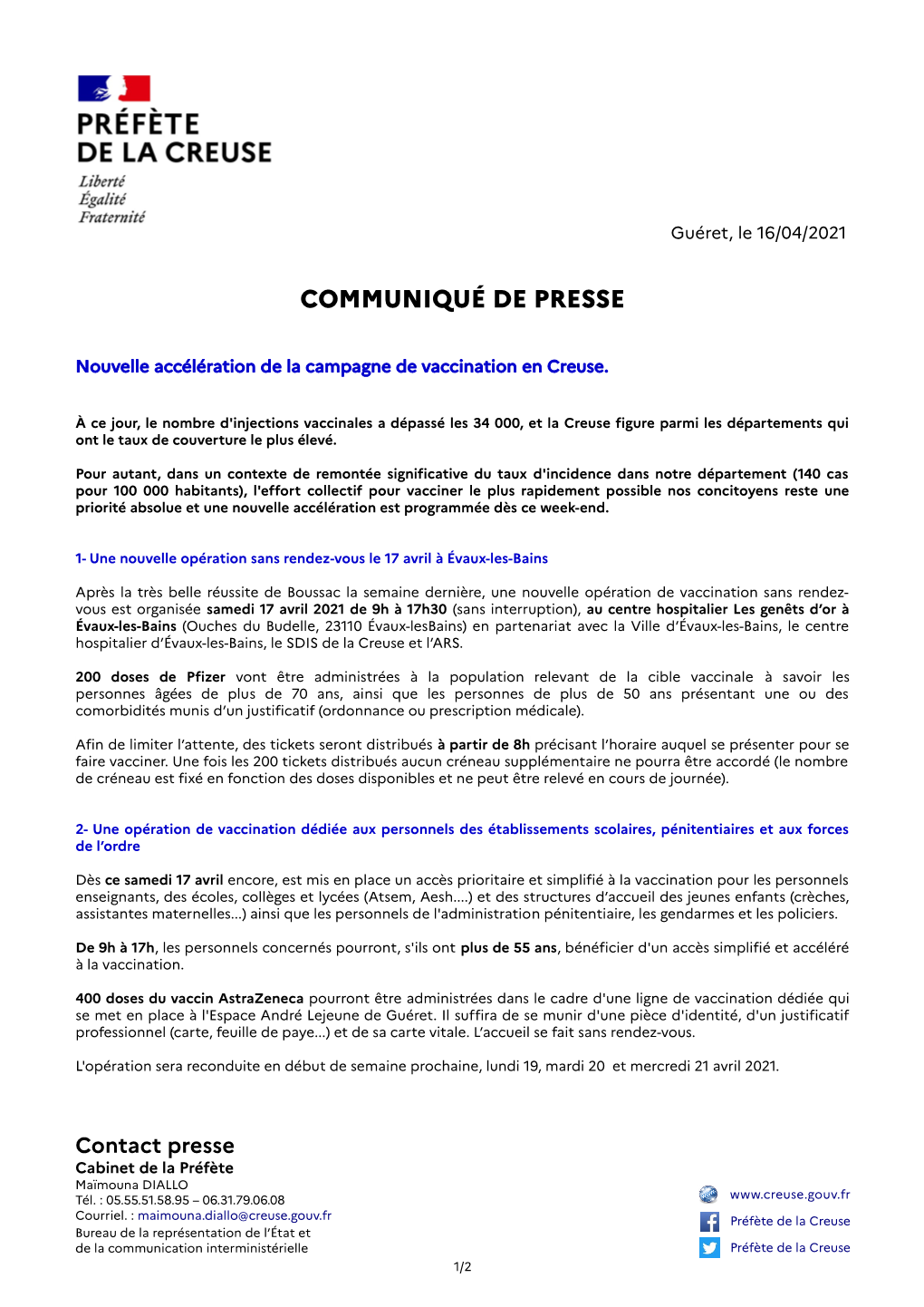 20210416 Nouvelle Accélération De La Campagne De Vaccination En Creuse