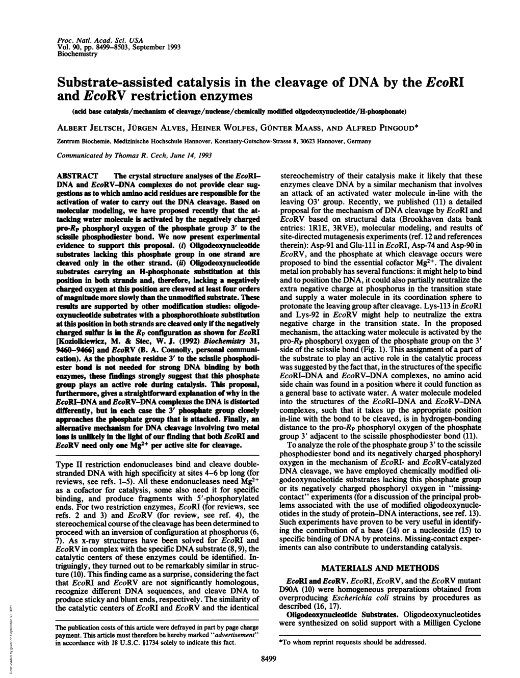 Substrate-Assisted Catalysis in the Cleavage of DNA by the Ecori and Ecorv Restriction Enzymes