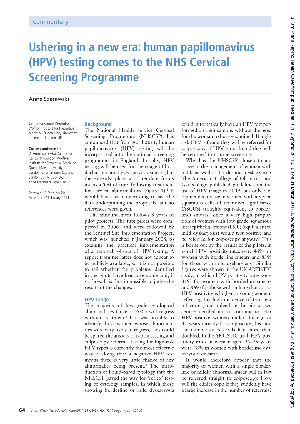 Human Papillomavirus (HPV) Testing Comes to the NHS Cervical Screening Programme