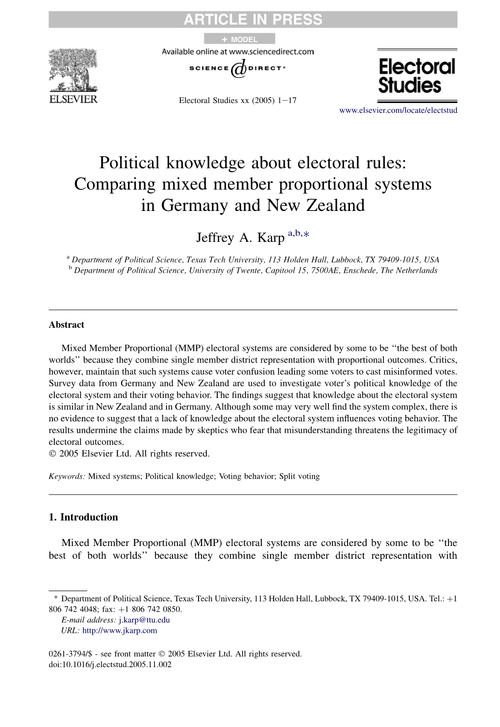 Political Knowledge About Electoral Rules: Comparing Mixed Member Proportional Systems in Germany and New Zealand