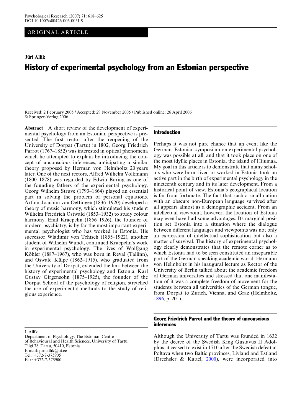 History of Experimental Psychology from an Estonian Perspective