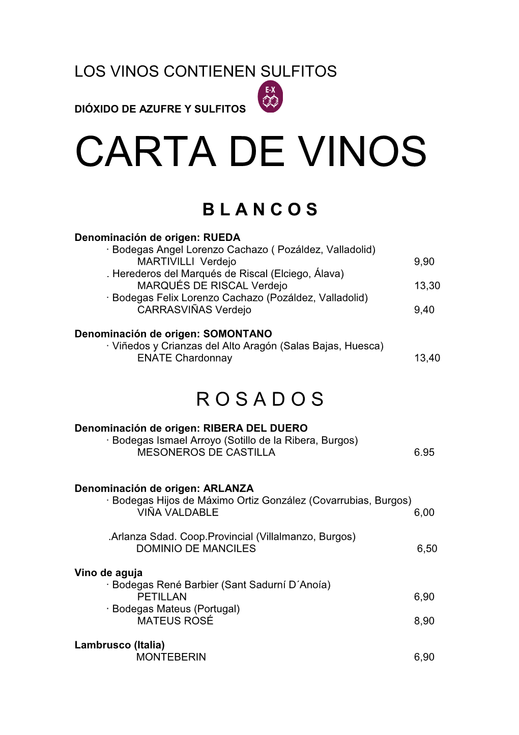 Carta De Vinos