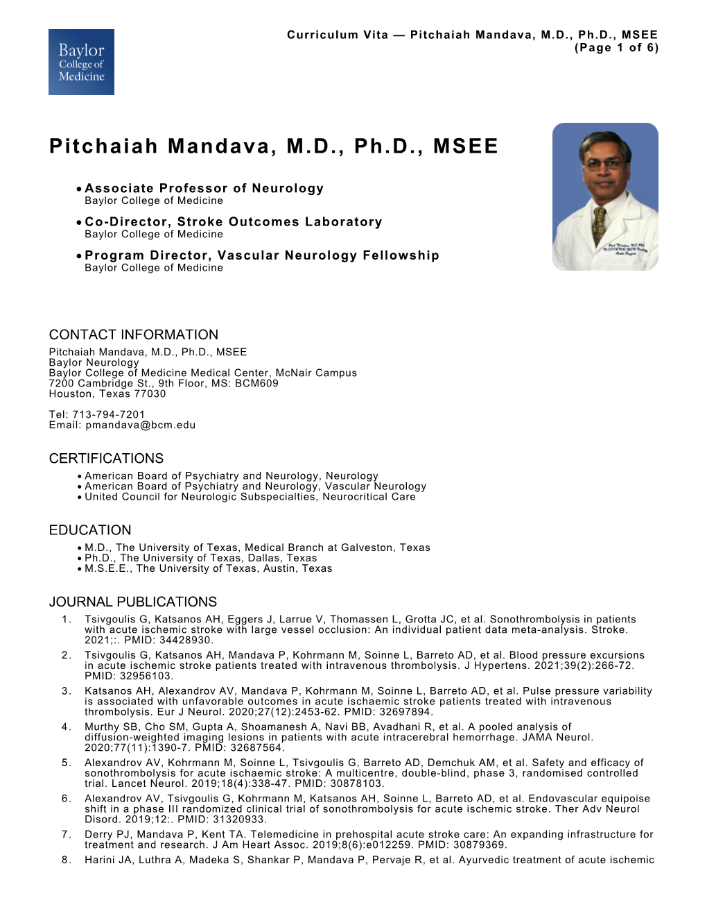 Pitchaiah Mandava, M.D., Ph.D., MSEE (Page 1 of 6)