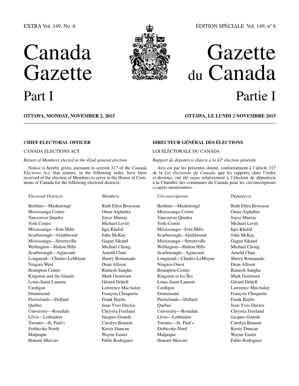 Canada Gazette, Part I, Extra