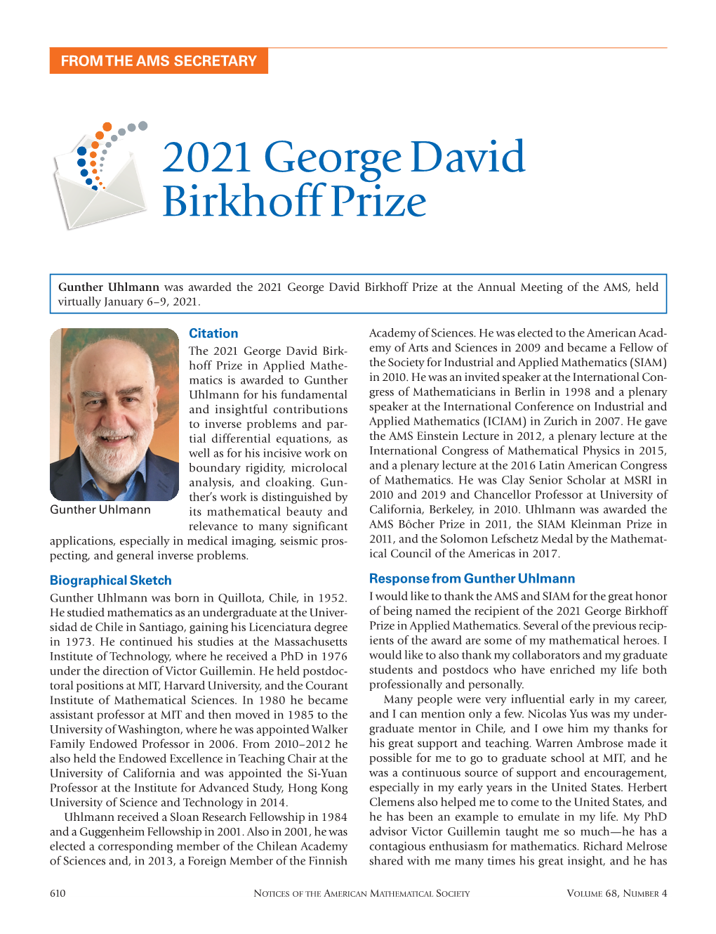 2021 George David Birkhoff Prize