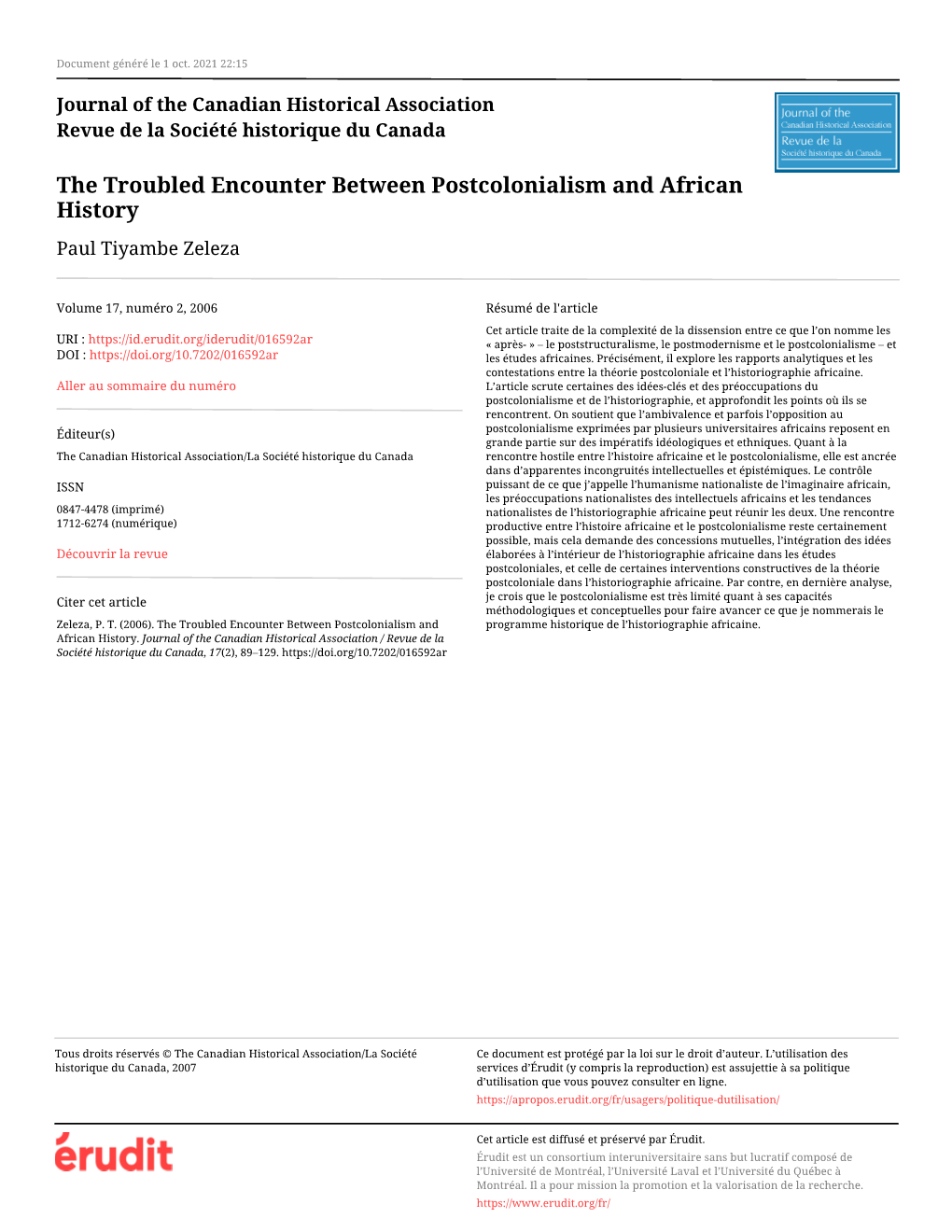 The Troubled Encounter Between Postcolonialism and African History Paul Tiyambe Zeleza