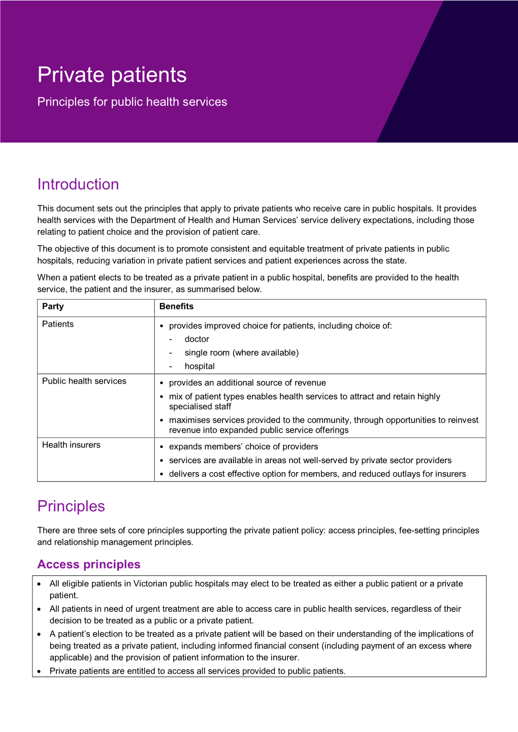 Private Patients Principles for Public Health Services