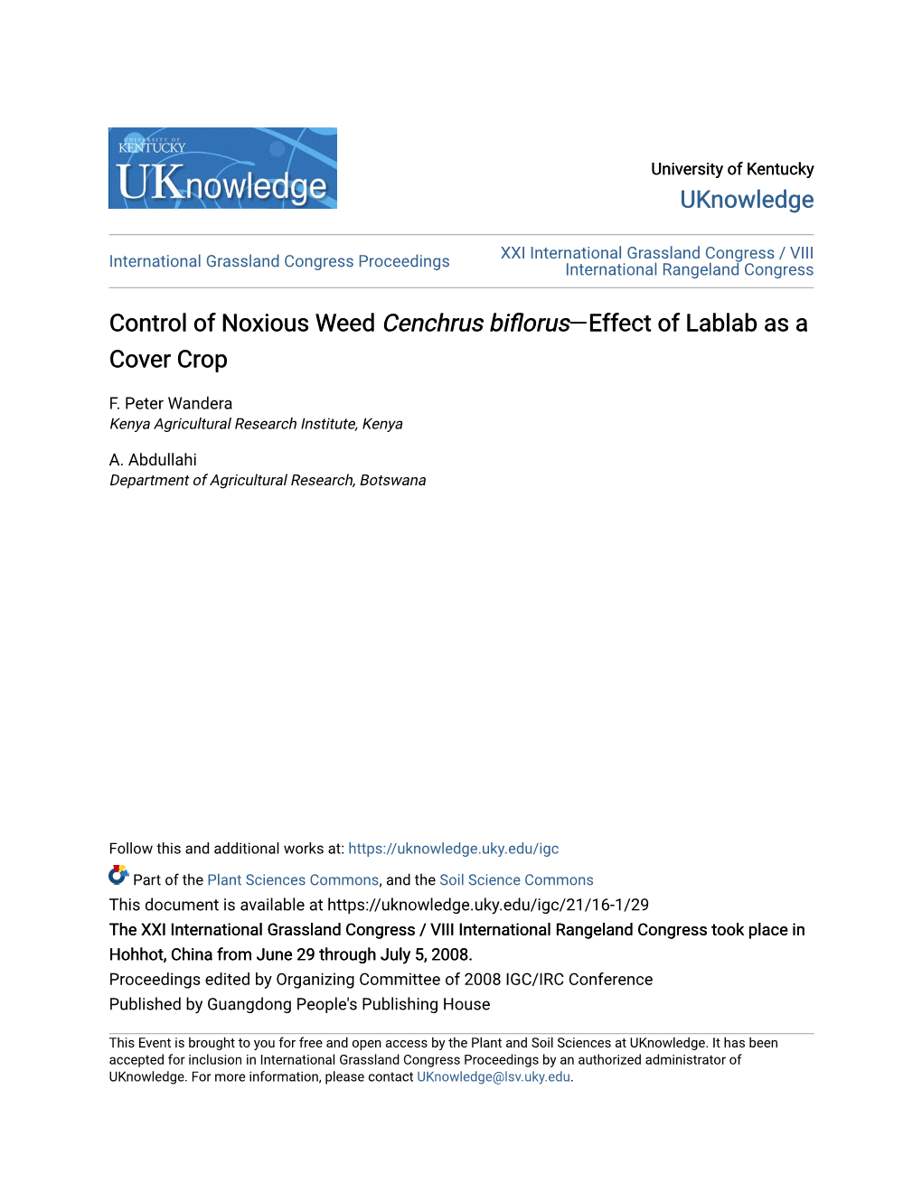 Control of Noxious Weed <I>Cenchrus Biflorus</I>—Effect Of