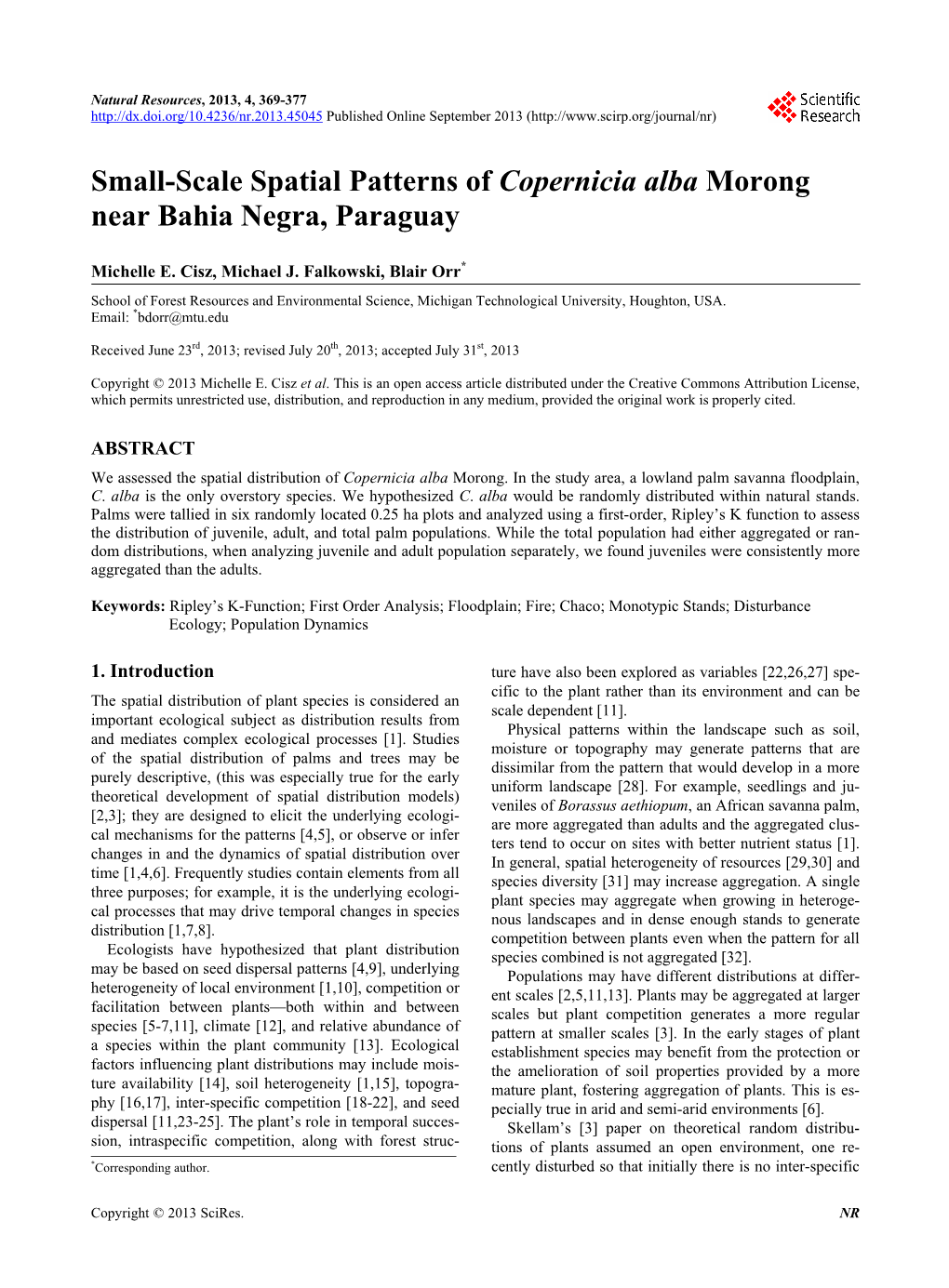 Small-Scale Spatial Patterns of Copernicia Alba Morong Near Bahia Negra, Paraguay