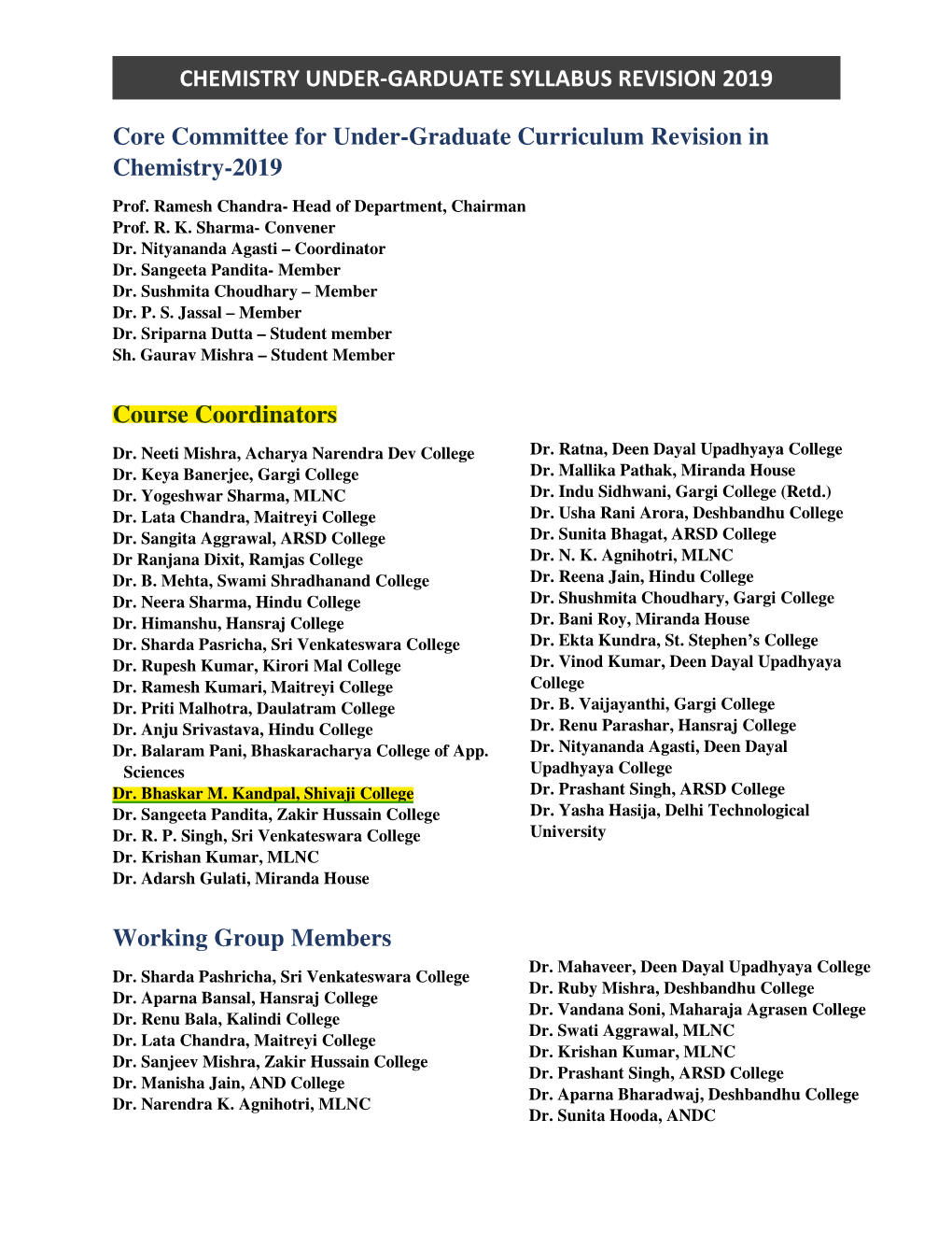 Chemistry Under-Garduate Syllabus Revision 2019