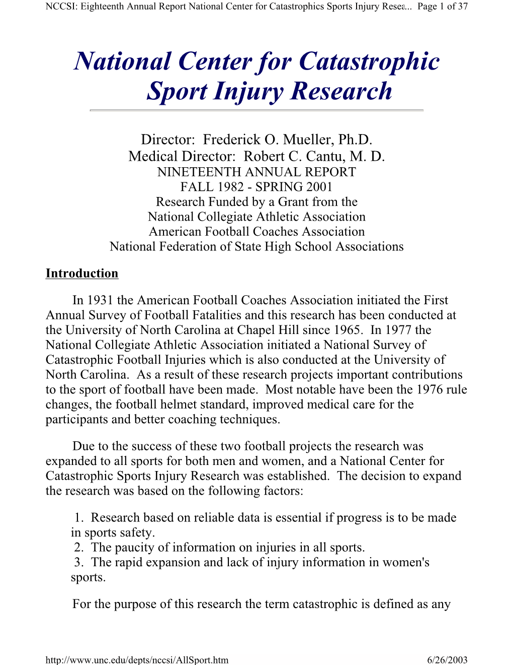 National Center for Catastrophic Sport Injury Research