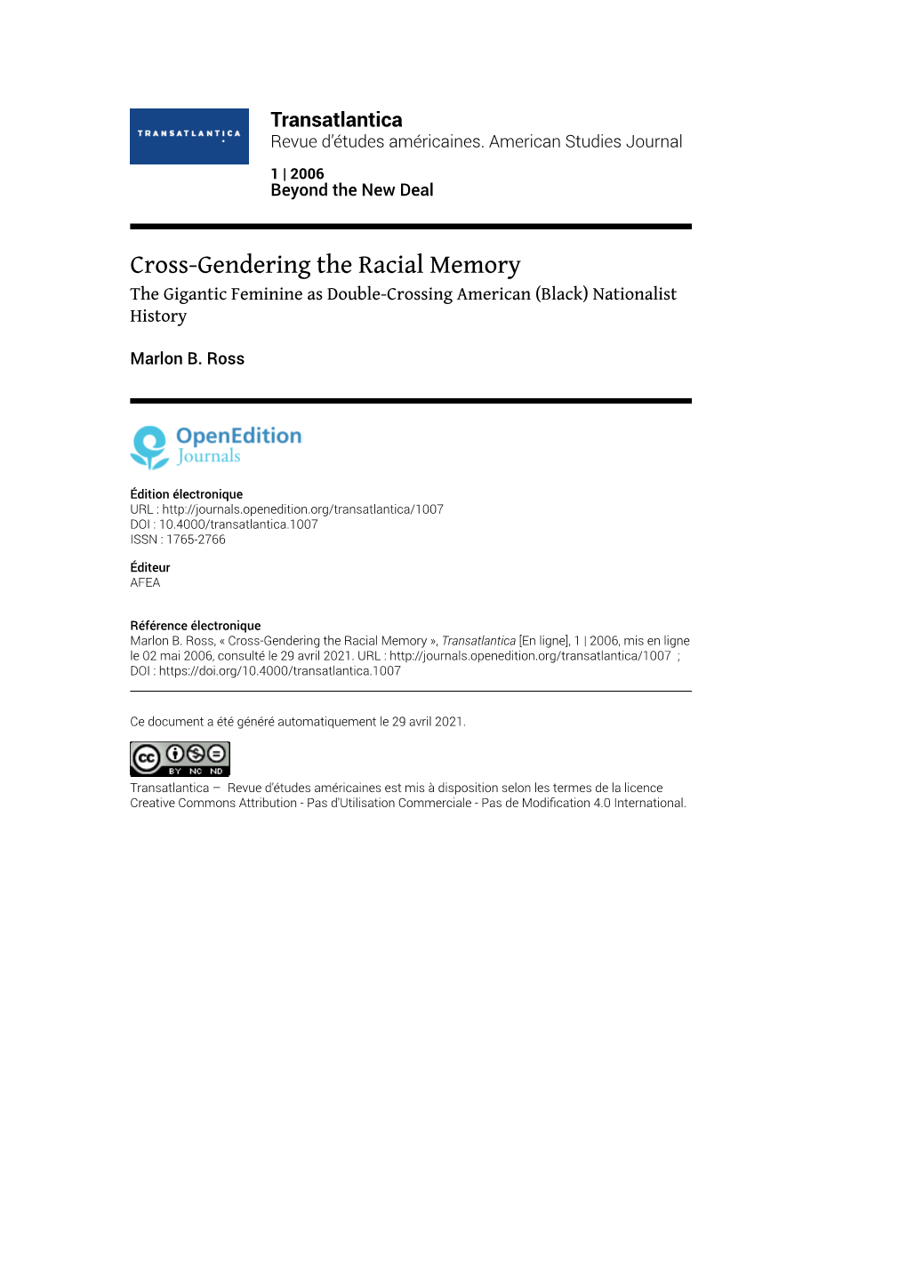 Transatlantica, 1 | 2006 Cross-Gendering the Racial Memory 2