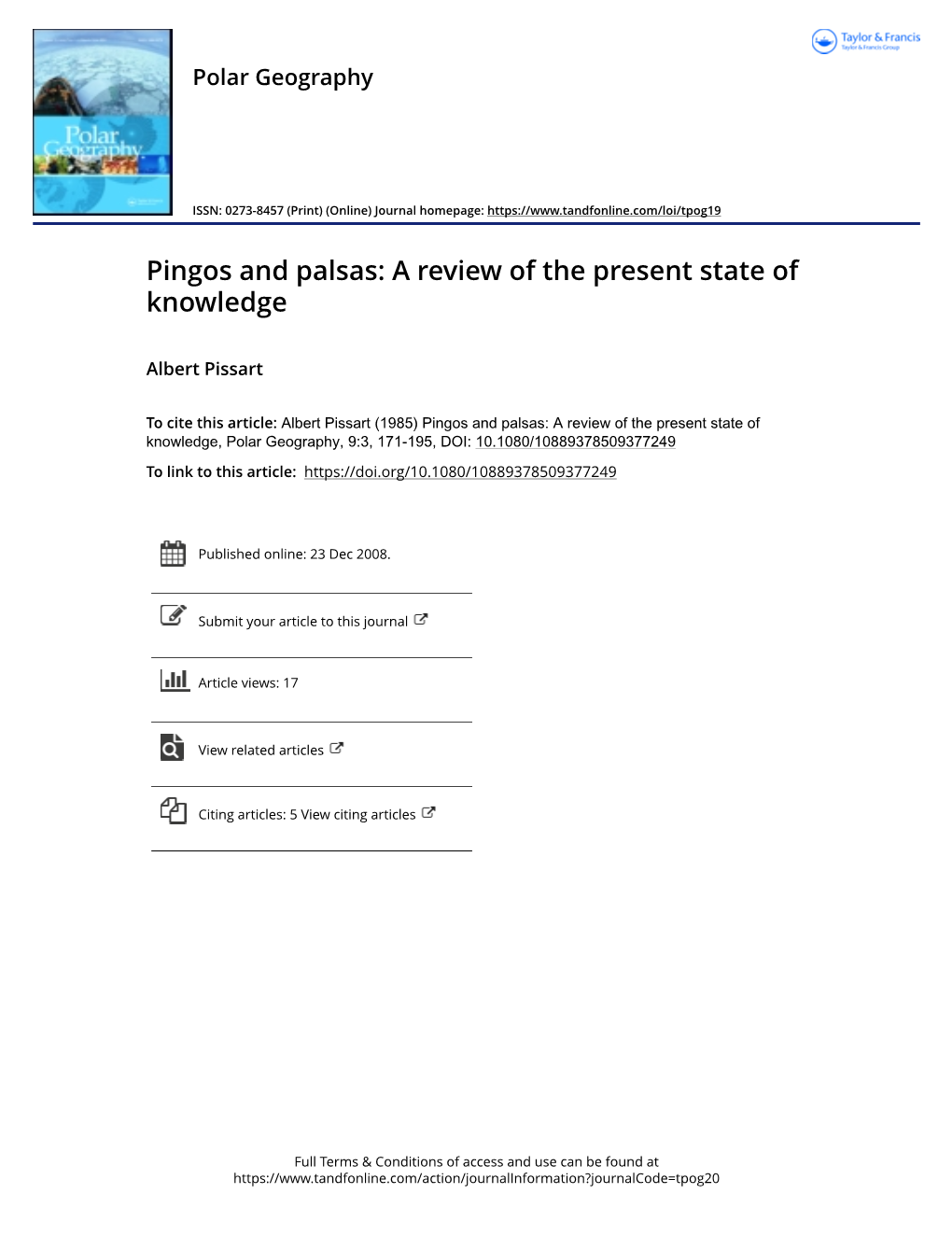 Pingos and Palsas: a Review of the Present State of Knowledge