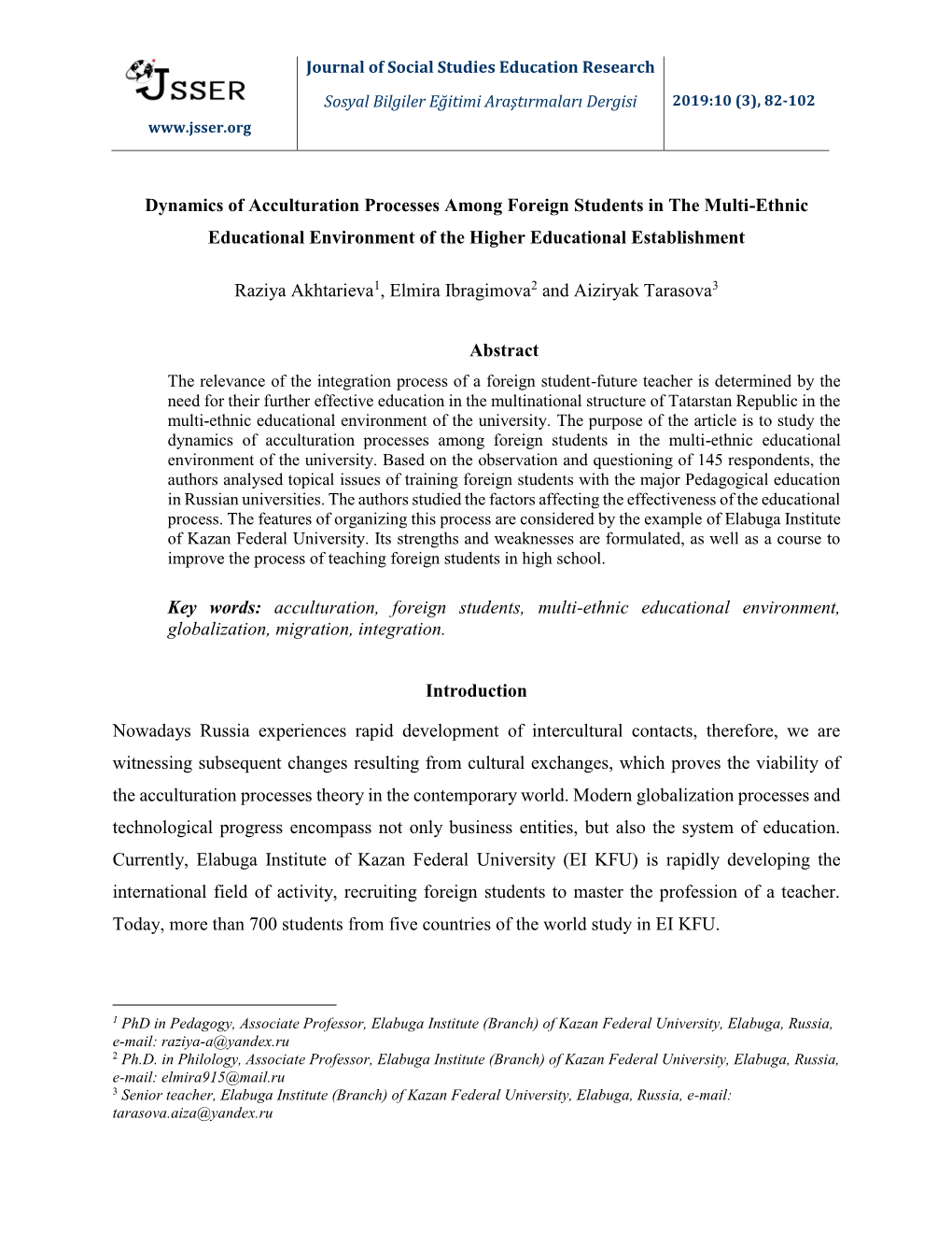 Dynamics of Acculturation Processes Among Foreign Students in the Multi-Ethnic Educational Environment of the Higher Educational Establishment