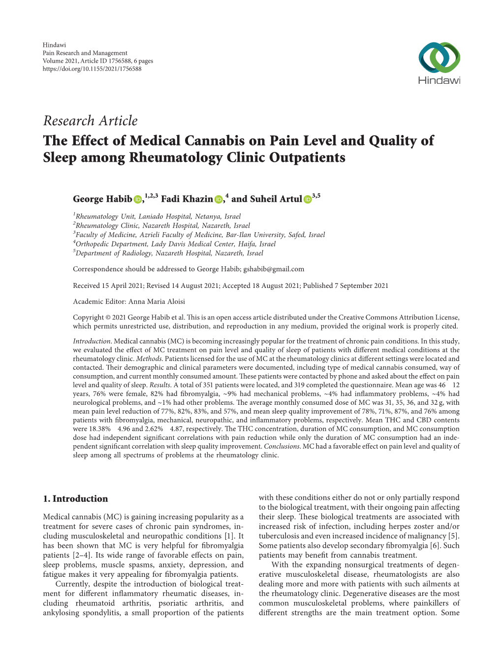 Research Article the Effect of Medical Cannabis on Pain Level and Quality of Sleep Among Rheumatology Clinic Outpatients