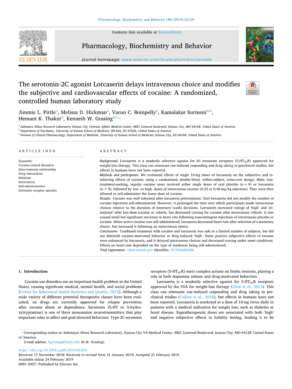 Pharmacology, Biochemistry and Behavior 180 (2019) 52–59