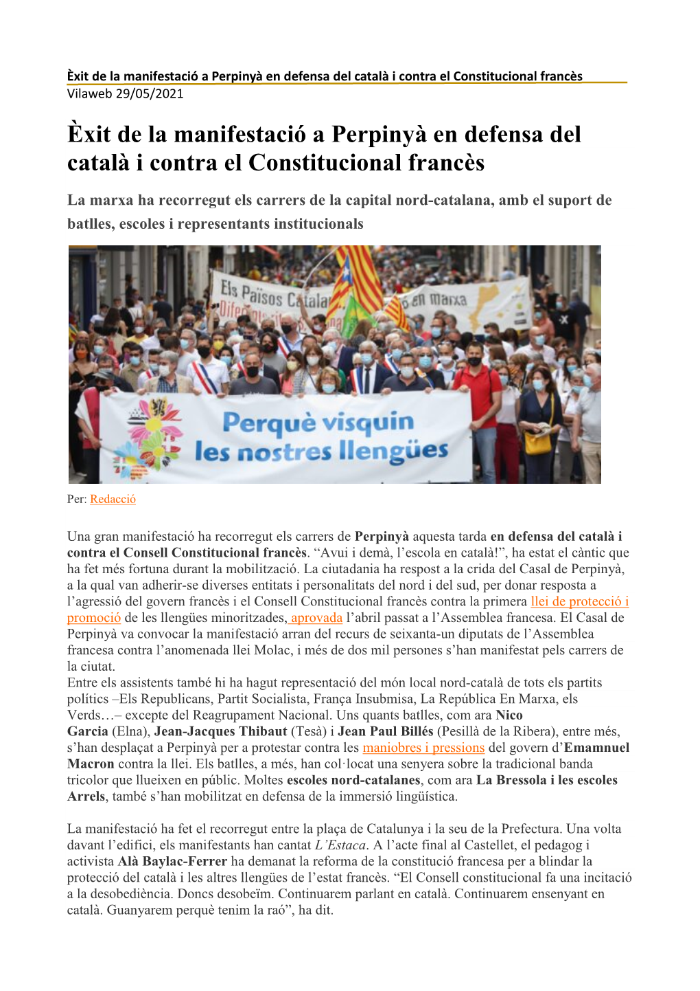 Èxit De La Manifestació a Perpinyà En Defensa Del Català I Contra El Constitucional Francès Vilaweb 29/05/2021