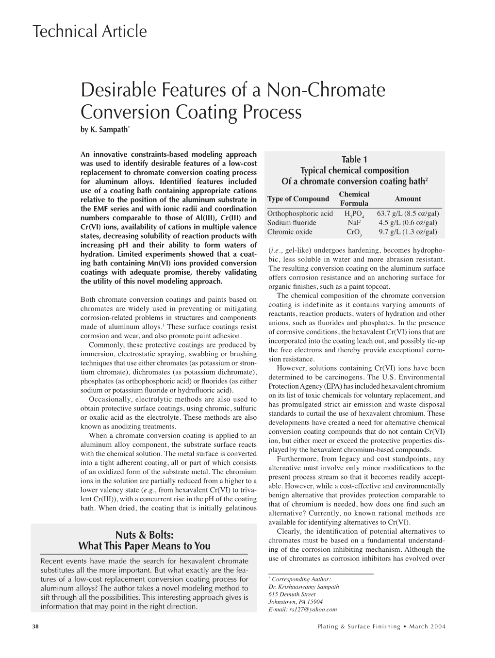 Desirable Features of a Non-Chromate Conversion Coating Process by K