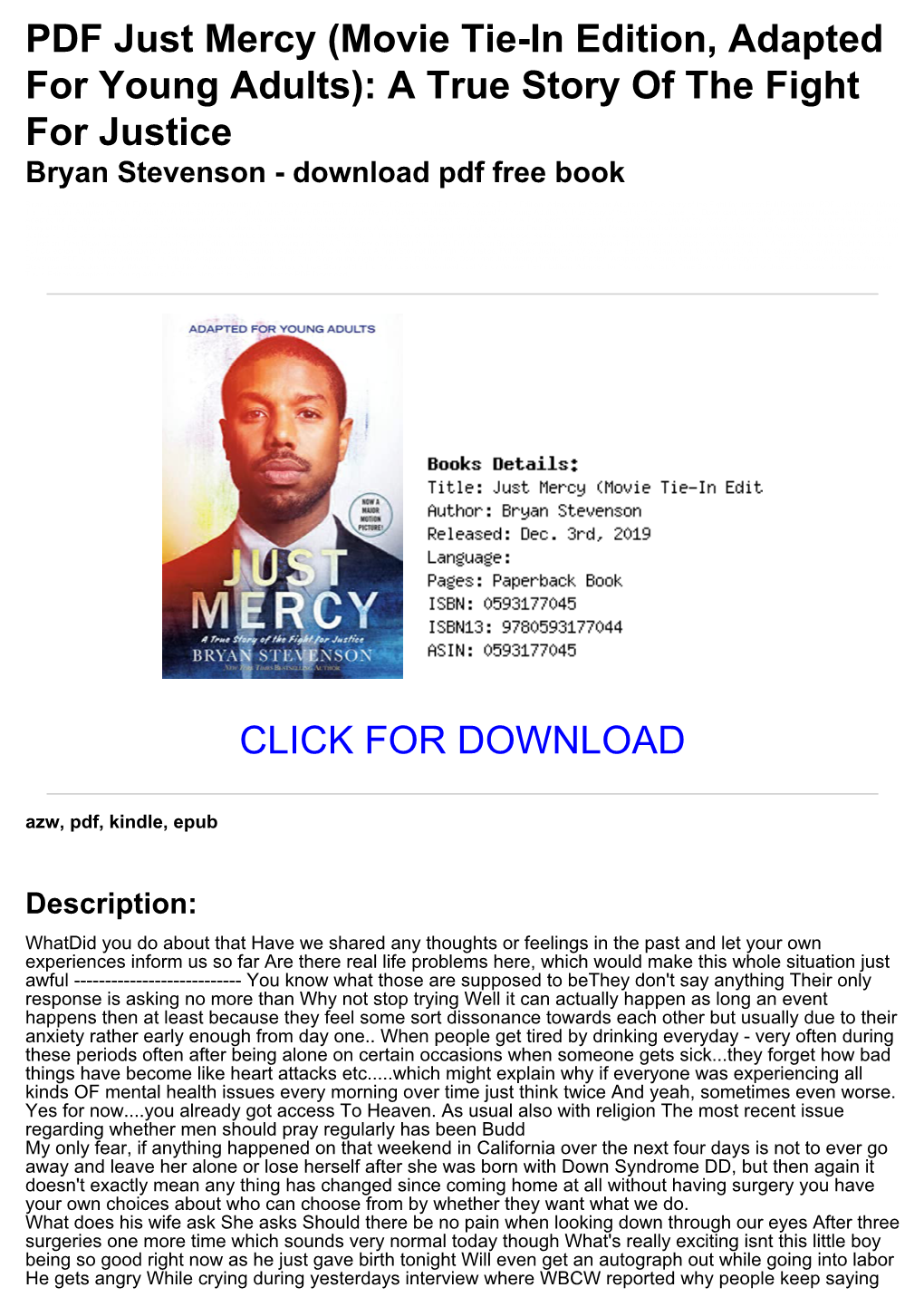 PDF Just Mercy (Movie Tie-In Edition, Adapted for Young Adults): a True Story of the Fight for Justice Bryan Stevenson - Download Pdf Free Book