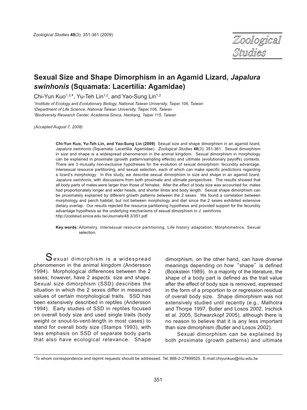 Sexual Size and Shape Dimorphism in an Agamid Lizard, Japalura