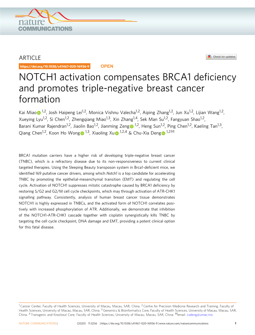 NOTCH1 Activation Compensates BRCA1 Deficiency and Promotes Triple-Negative Breast Cancer Formation