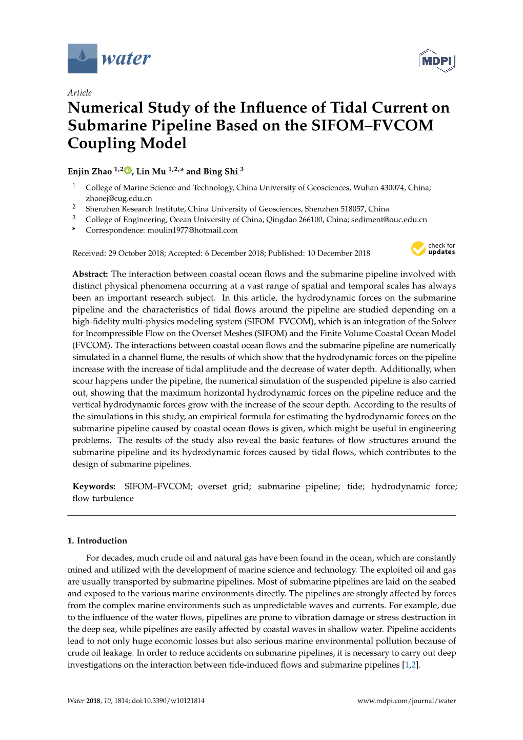 Numerical Study of the Influence of Tidal Current on Submarine Pipeline Based on the SIFOM–FVCOM Coupling Model