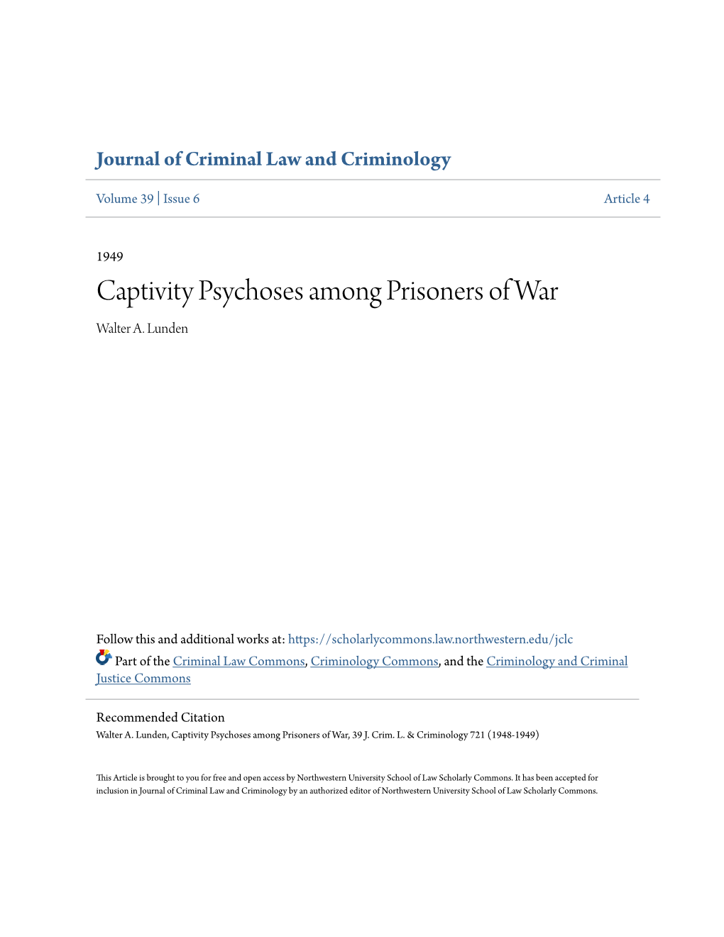 Captivity Psychoses Among Prisoners of War Walter A