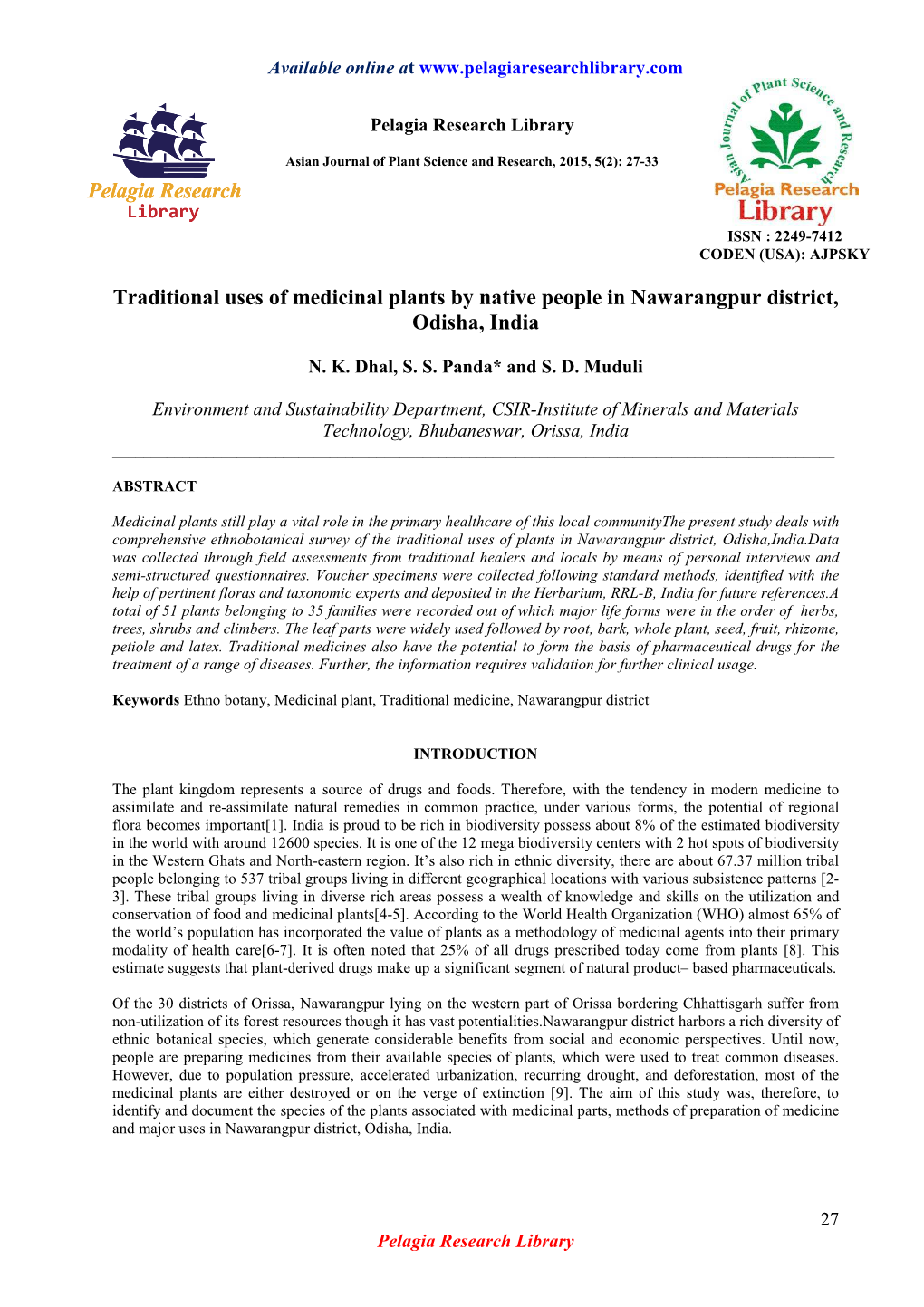 Traditional Uses of Medicinal Plants by Native People in Nawarangpur District, Odisha, India