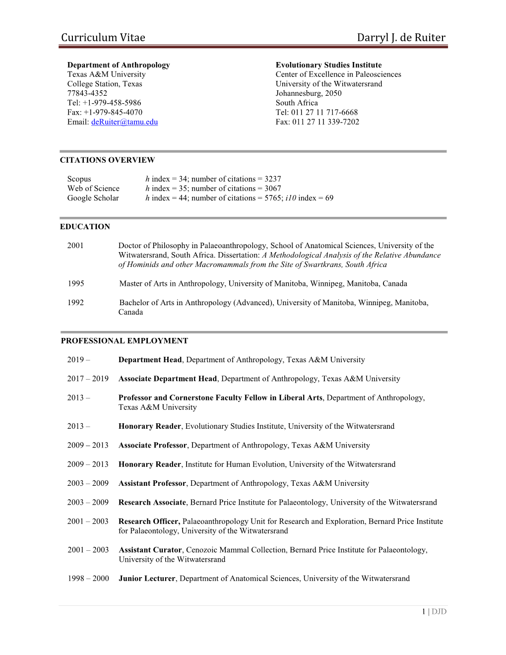 Curriculum Vitae Darryl J. De Ruiter