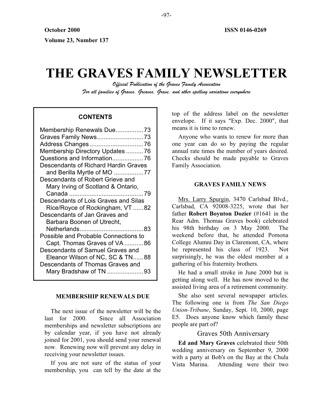 The Graves Family Newsletter