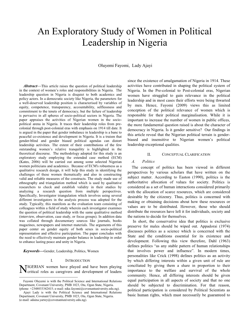 An Exploratory Study of Women in Political Leadership in Nigeria