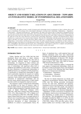 Object and Subject Relations in Adulthood – Towards an Integrative Model of Interpersonal Relationships