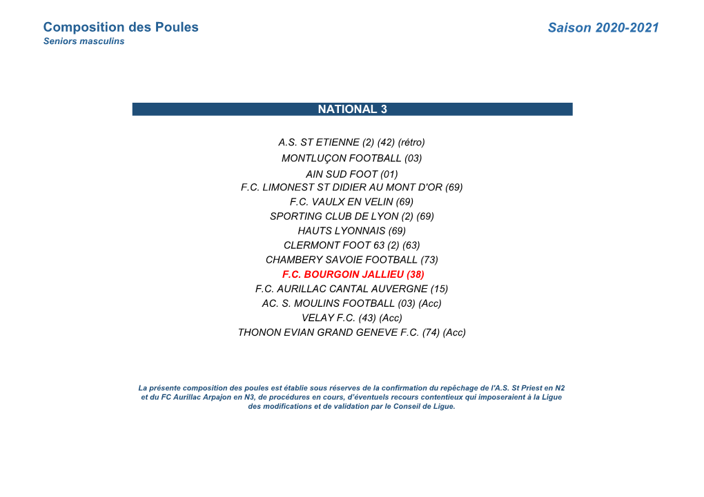 Composition Des Poules Saison 2020-2021 Seniors Masculins