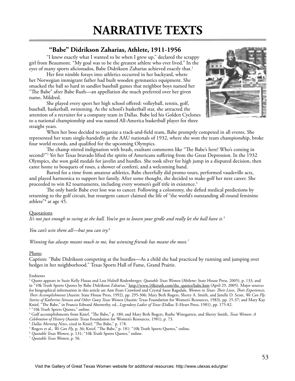 Didrikson Zaharias, Athlete, 1911-1956 “I Knew Exactly What I Wanted to Be When I Grew Up,” Declared the Scrappy Girl from Beaumont