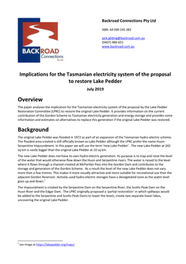 Implications for Tasmanian Electricity System of The