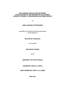 Challenges Faced by Muslim Women: an Evaluation of the Writings of Leila Ahmed, Elizabeth Fernea, Fatima Mernissi and Amina Wadud