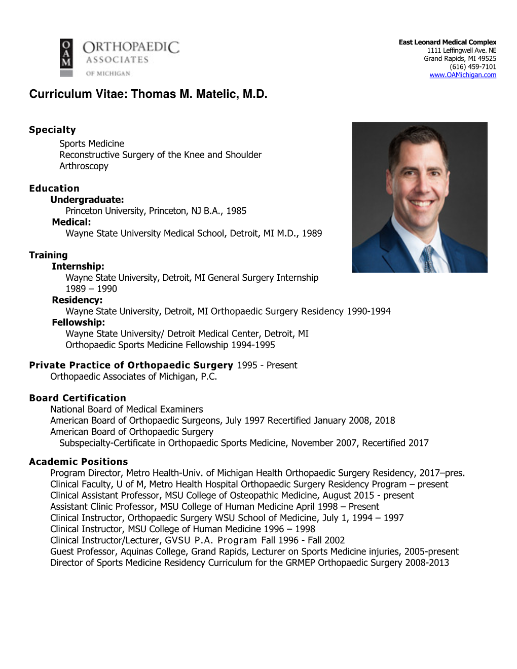 Curriculum Vitae: Thomas M. Matelic, M.D