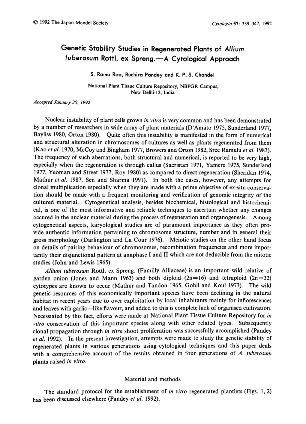 Genetic Stability Studies in Regenerated Plants of Allium Tuberosum Rottl