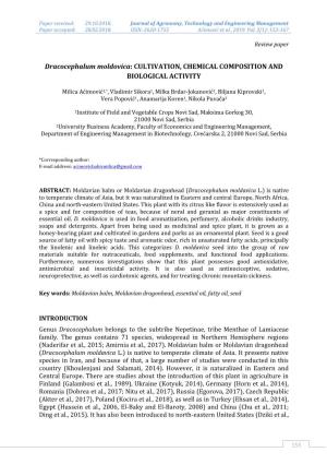 Dracocephalum Moldovica: CULTIVATION, CHEMICAL COMPOSITION and BIOLOGICAL ACTIVITY