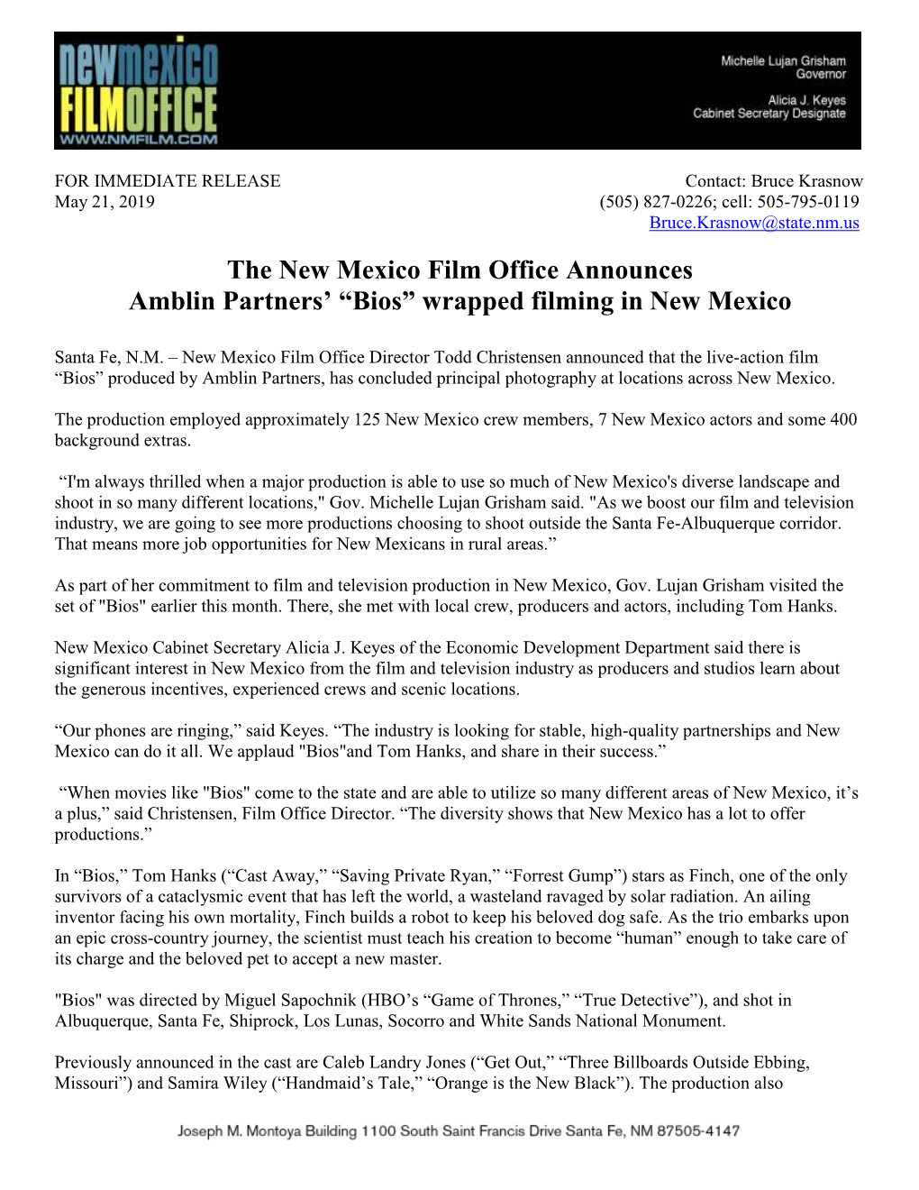 The New Mexico Film Office Announces Amblin Partners' “Bios