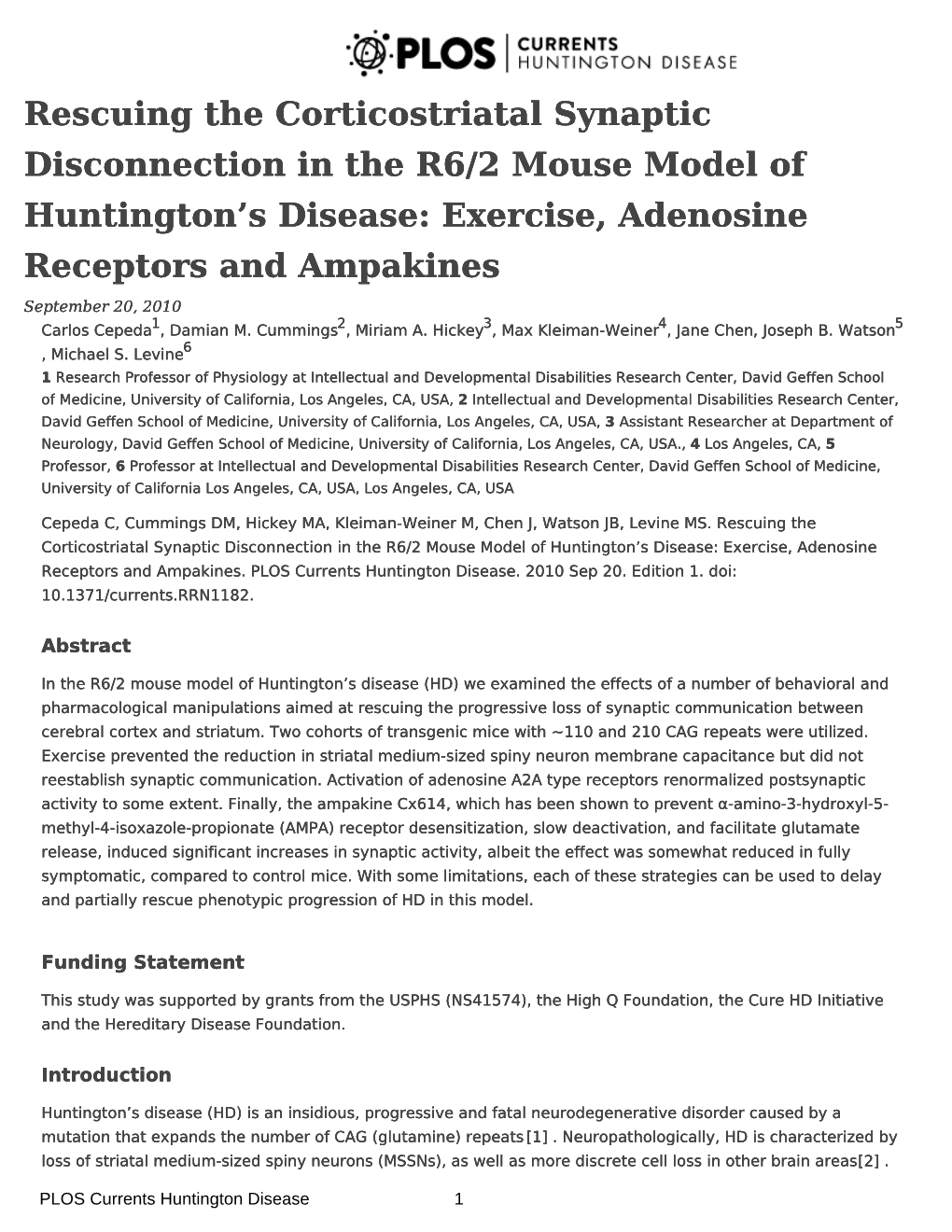 Rescuing the Corticostriatal Synaptic Disconnection in the R6/2 Mouse Model of Huntington’S Disease: Exercise, Adenosine Receptors and Ampakines