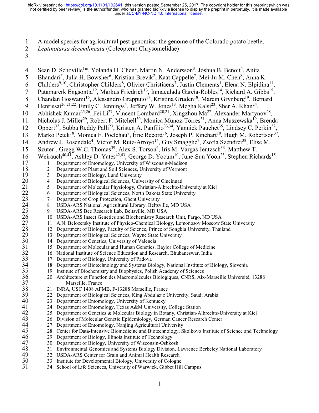 The Genome of the Colorado Potato Beetle, 1 Leptinotarsa Decemlineata