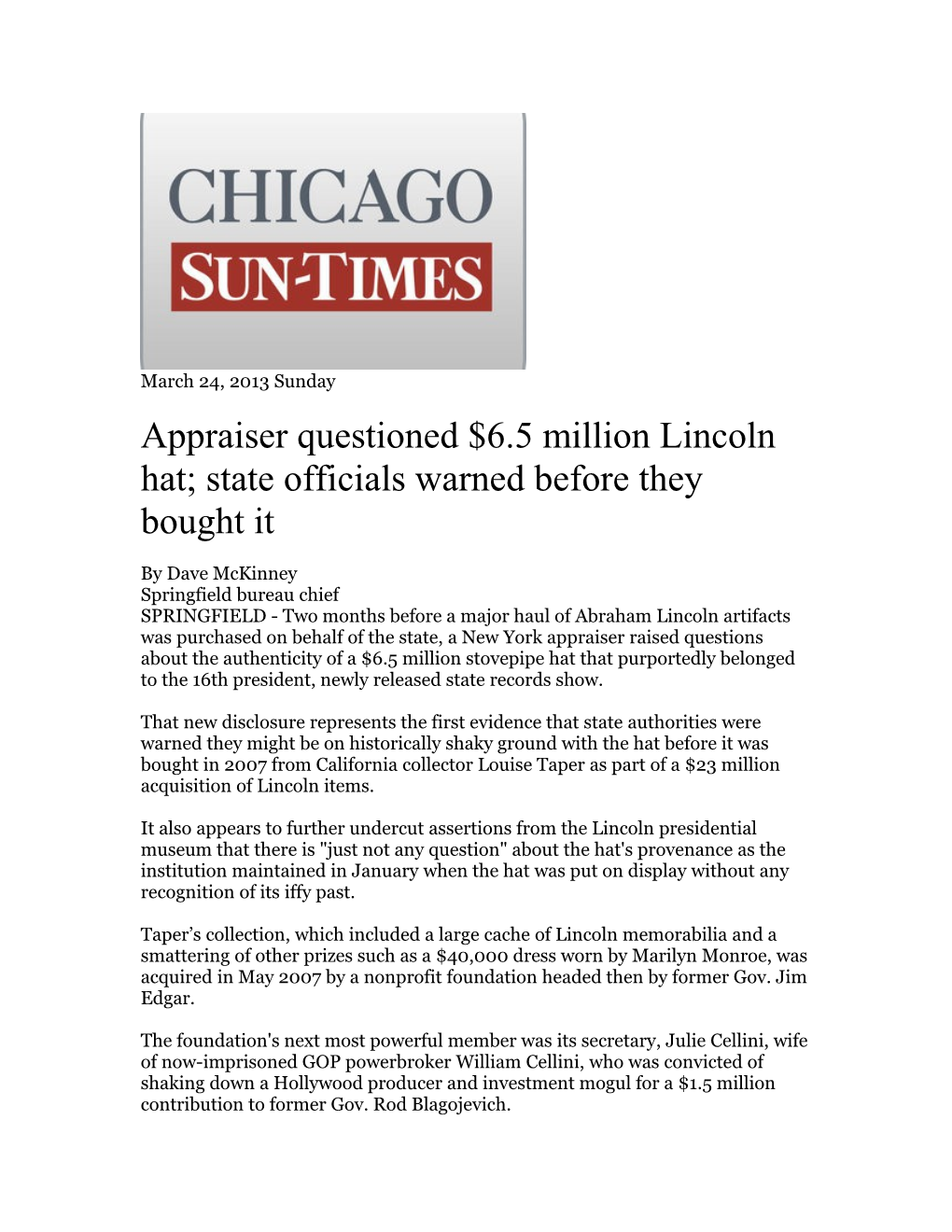 Appraiser Questioned $6.5 Million Lincoln Hat; State Officials Warned Before They Bought It