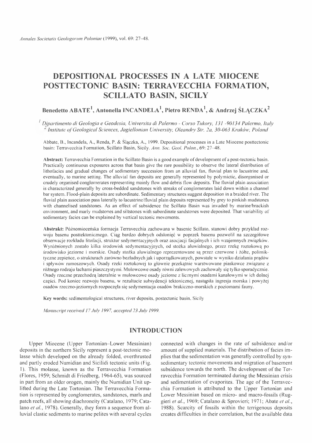 Depositional Processes in a Late Miocene Posttectonic Basin: Terravecchia Formation, Scillato Basin, Sicily