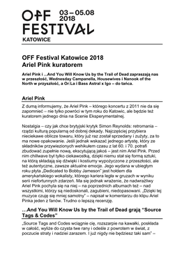 OFF Festival Katowice 2018 Ariel Pink Kuratorem