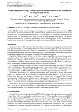 Friction Stir Processing: a Novel Approach for Microstructure Refinement of Magnesium Alloys Z. Y. Ma , B. L. Xiao , J.Yang