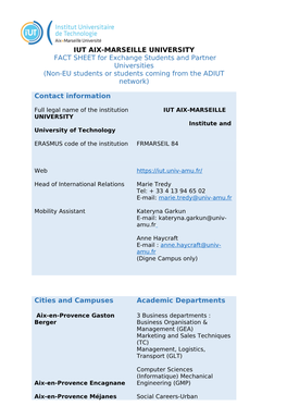 IUT AIX-MARSEILLE UNIVERSITY FACT SHEET for Exchange Students and Partner Universities (Non-EU Students Or Students Coming from the ADIUT Network)