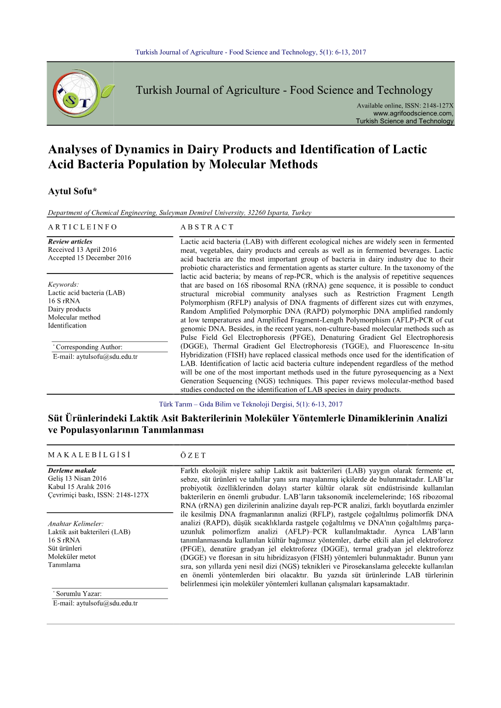 Analyses of Dynamics in Dairy Products and Identification of Lactic Acid Bacteria Population by Molecular Methods